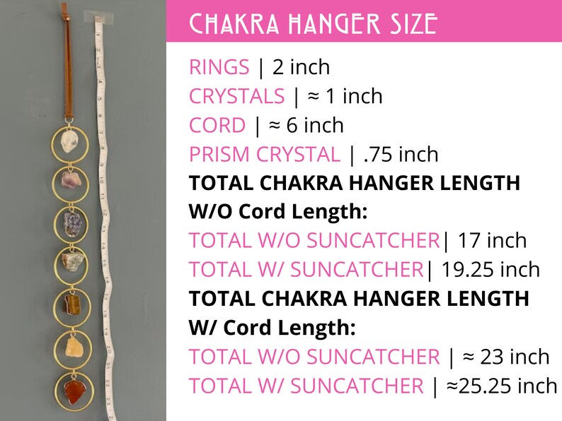 K&ouml;nnte beinhalten: Ein goldener Chakra-H&auml;nger mit sieben Kristallen und einem Prisma-Kristall. Der H&auml;nger ist 17 Zoll lang ohne den Sonnenf&auml;nger und 19,25 Zoll lang mit dem Sonnenf&auml;nger. Der H&auml;nger ist 23 Zoll lang ohne den Sonnenf&auml;nger und 25,25 Zoll lang mit dem Sonnenf&auml;nger, wenn man die L&auml;nge des Seils mit einbezieht.