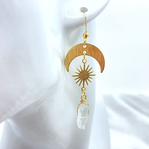 Sun and Moon Earrings Gold | Clear Quartz Earrings, Moon and Sun Earrings, Witchy Jewelry, Gold Crystal Earring Dangle, Raw Crystal Earrings