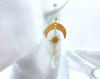 Sun and Moon Earrings Gold | Clear Quartz Earrings, Moon and Sun Earrings, Witchy Jewelry, Gold Crystal Earring Dangle, Raw Crystal Earrings