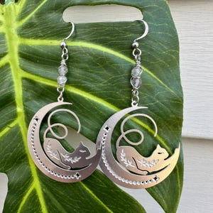 Cat Earrings, Moon Earrings,  Cat Jewelry, Cat Lady Gift, Labradorite Charm Earrings, Black Cat Earrings, Hypoallergenic, Zodiac, Moon Phase