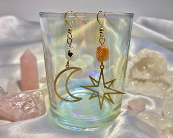 Moonstone Earrings, Sunstone Earrings, Sun and Moon Earrings, Raw Crystal Earrings, Moon and Star Earrings, Asymmetrical Earrings