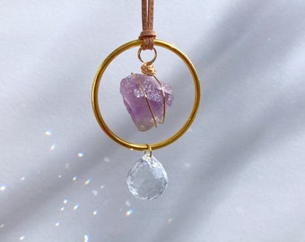 Purple Suncatcher | Amethyst Suncatcher, Crystal Suncatcher, Suncatcher with Crystals, Boho Hanging Decor, Raw Crystal Hanging Decor