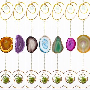 May include: Set of 8 gold hanging planters with agate slices and glass orbs. Each planter features a different color and pattern of agate, including purple, green, brown, and pink.