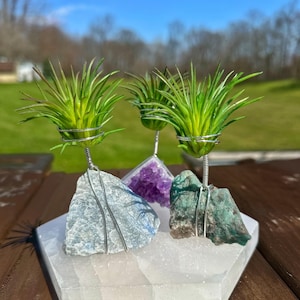 May include: Three air plants are displayed on a white crystal base. Each plant is held in place by a wire stand and is placed on a different crystal. The crystals are a light blue, a purple amethyst, and a green crystal.