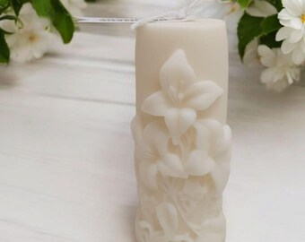 Handmade Floral Soy Pillar Candle, Elegant Home Decor