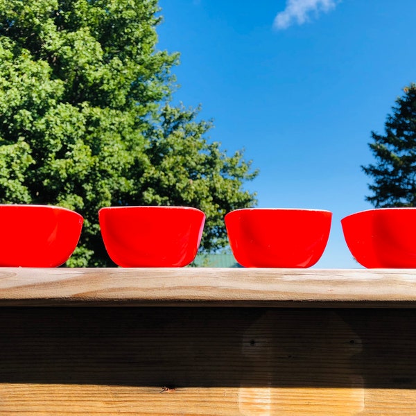 Vintage Pyrex 407 Candy Apple Red Square Ramekin Bowls - Set of 4  (7 oz each)