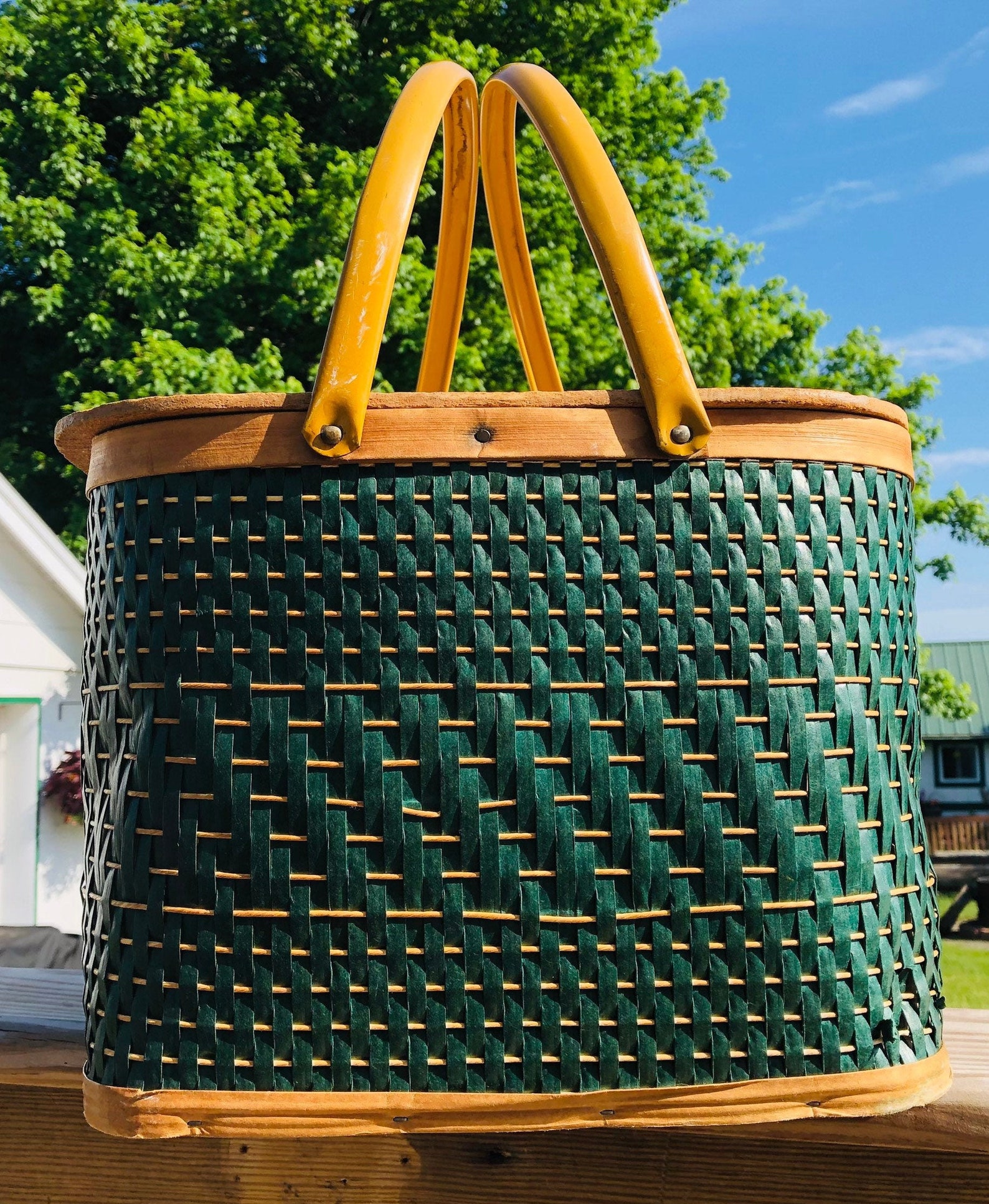 Burlington Hawkeye Square Vintage Green Weave Wicker Picnic | Etsy