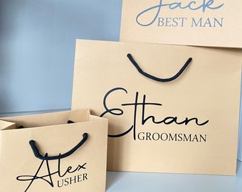 Personalised Wedding Gift Bag, Groomsman, Groom, Best Man, Page Boy, Gift Bags, Kraft, Black, Grey & White Luxury Gift Bag With Rope Handles