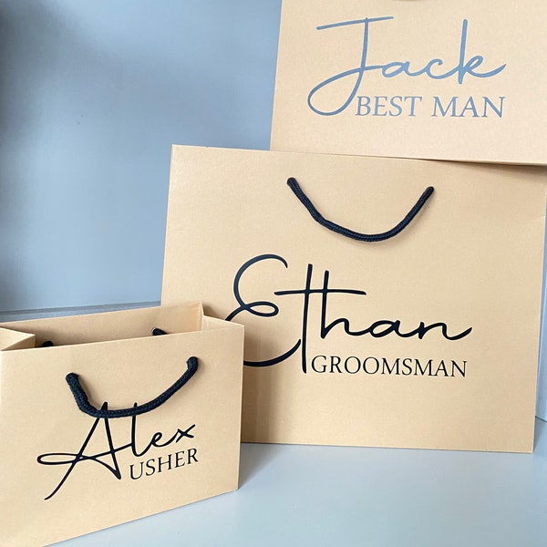 Personalised Wedding Gift Bag, Groomsman, Groom, Best Man, Page Boy, Gift Bags, Kraft, Black, Grey & White Luxury Gift Bag With Rope Handles