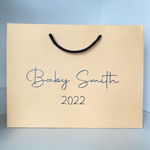 Personalised Baby Gift Bag, New Baby Named Date Gift Bags, Kraft, Black, Grey & White Luxury Gift Bag With Rope Handles