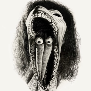 Puede incluir: Un dibujo en blanco y negro de una persona con una gran boca abierta, que revela un conjunto de dientes y dos ojos grandes. La persona tiene el pelo largo y oscuro y lleva una camisa con estampado floral.