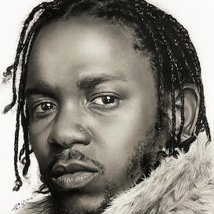 May include: Black and white pencil drawing of a man with braided hair wearing a fur-lined jacket. The man is looking directly at the viewer.