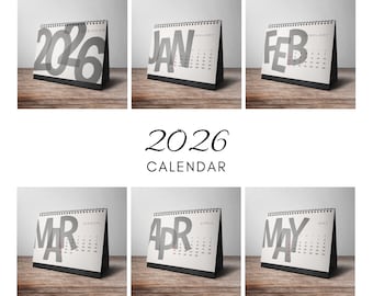 Calendario de escritorio estético 2027, tamaño A5, diseño minimalista con tipografía llamativa.