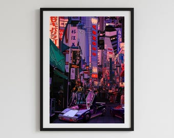 Vaporwave Poster, Anime City Poster, Illustration Art, Car Poster, Retrowave Poster