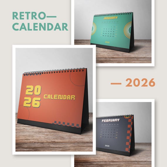レトロデスクカレンダー2026、A5カレンダー、レトロアートプリント