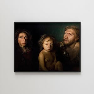 May include: A framed painting showing a family of three. The figures have a primitive appearance, with dark hair and skin tones. The child is nude, while the adults wear simple clothing. The dark background highlights the figures.
