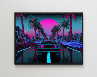 Vaporwave Poster, Neon Car Poster, Retrowave Poster, Car Wall Art