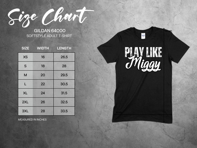 May include: Black t-shirt with white text that reads "Play Like Miggy". Size chart included with measurements in inches.