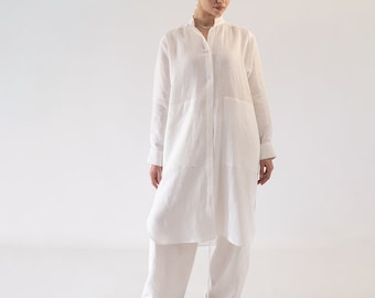 Plus Size Linen Midi Shirt Dress, Oversize Long Sleeve Tunic Dresses,  Linen Loose Fit Button Down Dresses