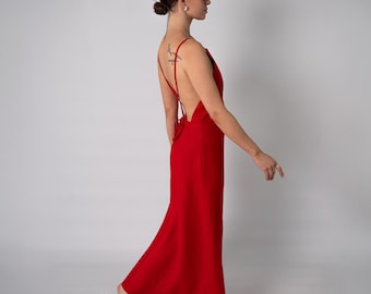 Red Linen Maxi Open Back Dress, Summer Vacation Dress,  Linen Prom Dresses