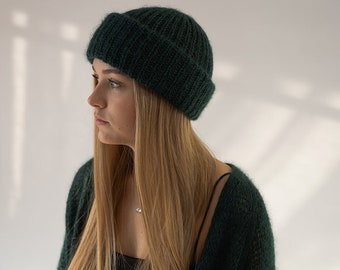 Hand Knit Mohair Beanie, Super Soft Kid Mohair Beanie, Dark Green Mohair Hand Knitted Hat, Hand Knitted Warm Winter Hat, Womens Winter Hat