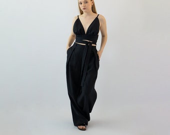 Black Linen Set, SORRENTO, Wide Leg Trousers and Bralette, Two Piece Linen Set Women, Black Summer Set for Women, Summer Set Women