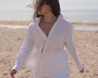White Linen Blouse, Handmade Womens Summer Shirt, Button Down Linen Blouses, Custom Made