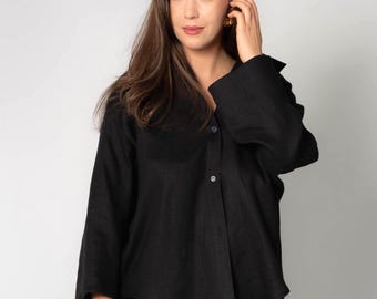 Handgemachte schwarze Leinenbluse, langärmeliges Loose Fit Shirt, nachhaltig