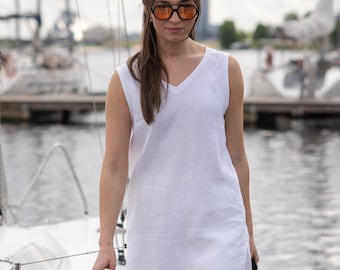 Sleeveless V-neck Linen Top, Simple Linen Tank-Top, Women Soft Linen Top, Loose Fitted Summer Blouse, Washed Linen Tops