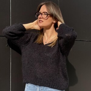 Mohair V Neck Sweater, Black Sweater for Women, Mohair Mohair V Neck Sweater, Black Sweater for Women, Mohair