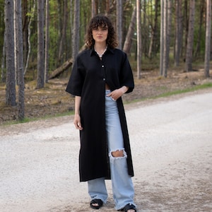 Black Linen Shirt Dress, Black Short Sleeve Dress, Linen Summer Coat, Oversize Linen Shirt Dress, Casual Summer Dress