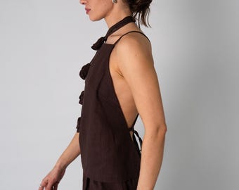 Open Back Brown Linen Top, Backless Summer Tops, Handmade, Custom Made