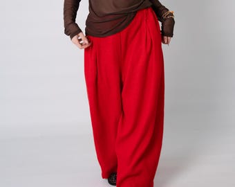 Barrel-Leg Linen Trousers, Wide Leg Summer Trousers with Pockets, Red Linen Harem Pants