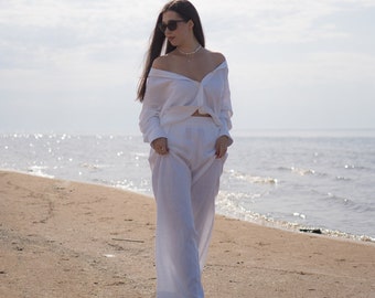 WHITE Linen SET for Women, FLORENCE, Two Piece Set Women, Linen Boyfriend Shirt and Trousers, Linen Summer Set, White Linen Vacation Set