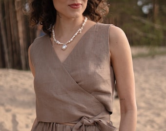 Sleeveless Tie Waist Linen Blouse, Womens Summer Wrapped Crop Top