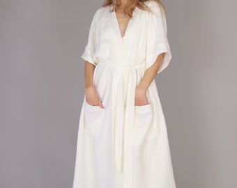 White Linen Bridal Robe, Women Maxi Kimono, Plus Size Linen Robes