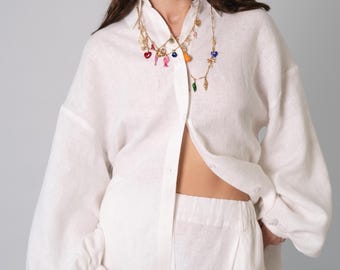 Washed Linen Blouse, Balloon Sleeve Oversize Women Shirt, Classic Collar Shirt, Summer Casual Clothing