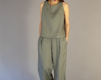 Wide Leg Linen Trousers, Woman Linen Pants, Khaki Women's Wide Leg Linen Pants, Summer Wide Leg Maxi Trousers