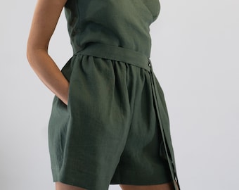 Short Linen Shorts, Women's Elastic Waist Wide Leg Shorts