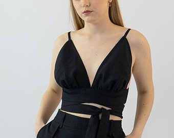 Black Soft Linen Bralette VERENA, READY to GO, Size S, Black Linen Crop Top, Women Linen V Neck Crop Top