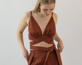 Linen Wrap Crop Top, Women Sleeveless Summer Cropped Tops,  Bralette, Custom Made