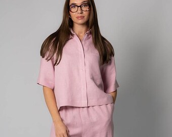 Short Sleeved Button Down Linen Shirt,  Women Summer Classic Shirt, Linen Blouse With Front Pocket, Short Linen Blouse, Handmade