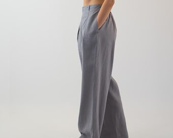 Women Linen Palazzo Pants, Washed Linen Pants, Women's Loose Fit Summer Trousers, Hand Made Wide Trousers