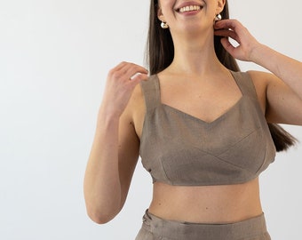 Linen Crop Top, READY to GO, Linen BRALETTE, Bralettes for Women, Linen Summer Clothes, Linen Crop Top, Size S, Color Cacao