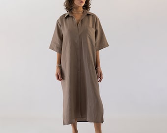 Plus Size Linen Midi Shirtdress, Maternity Friendly