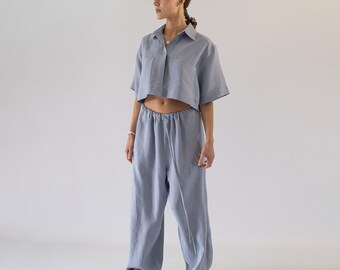 Linen Set Outfit, Linen Crop Top for Women, Linen Pants Wide Leg, Linen Clothing Set for Women, Linen Set Women, Two Piece Set Women