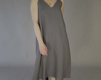 Gray Linen Slip Dress / Gray  Linen Night Dress / Deep V Linen Dress / Organic Gray Linen Slip Dress for Woman / Gray Summer Midi Dress