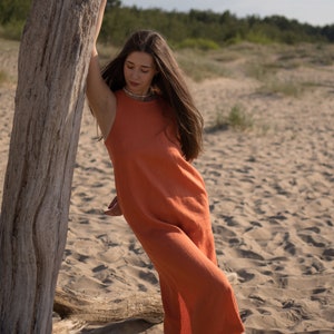 Ready To Go, Orange Linen Sleeveless Midi Dress, Minimalist Linen Dress, Summer Vacation Linen Dress, Size S, Color Orange image 7