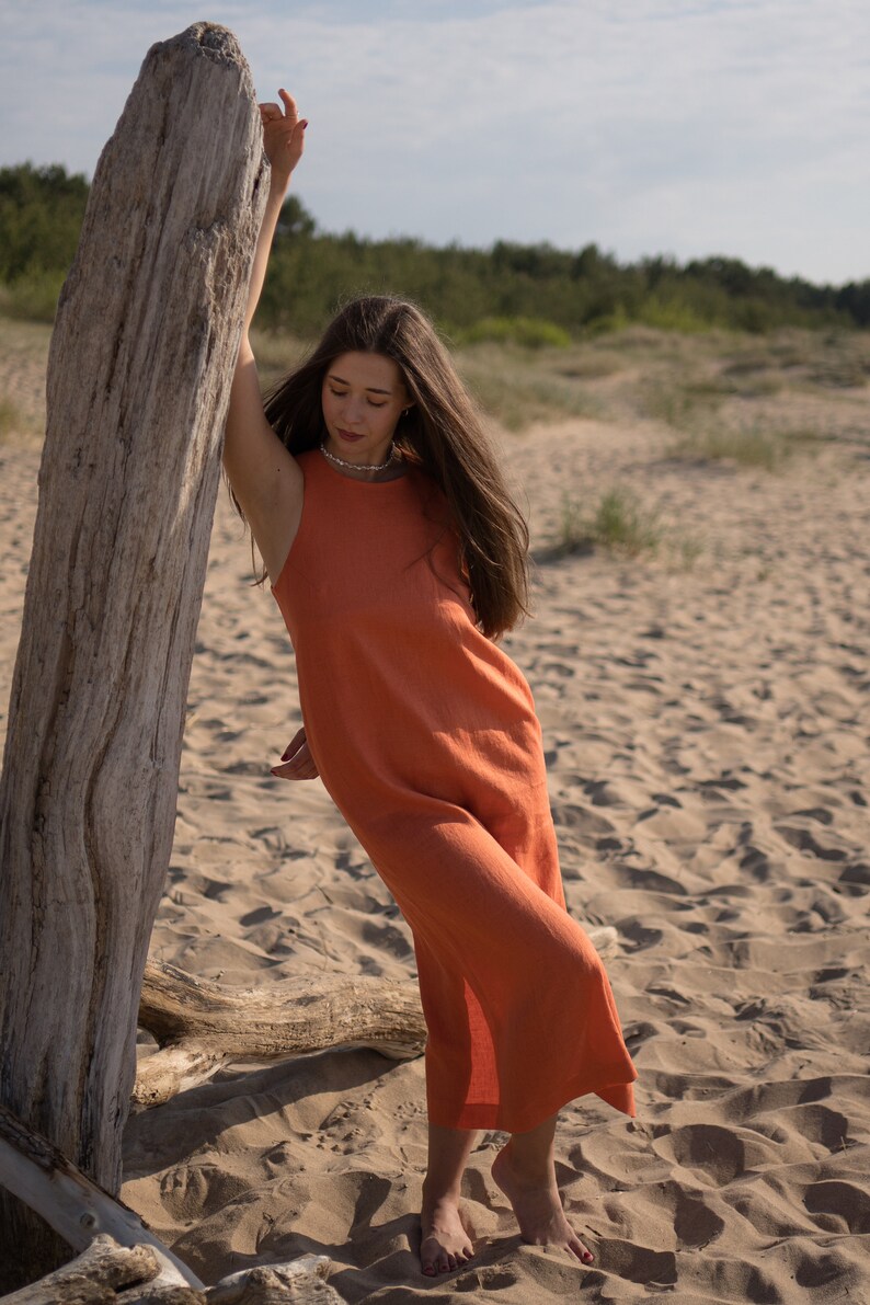 Ready To Go, Orange Linen Sleeveless Midi Dress, Minimalist Linen Dress, Summer Vacation Linen Dress, Size S, Color Orange image 7