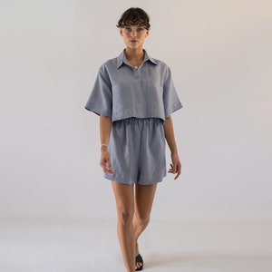 Crop Linen Top, Linen Short Sleeve Crop Top, Blue Linen Cropped Blouse, Linen Cropped Blouse, Womens Linen Shirt, Linen Women's Clothing image 2